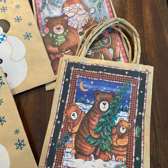 New Set of 13 Christmas Kraft Paper Gift Bags Snowman, Santa, Bears 9" x 6" - Picture 3 of 5